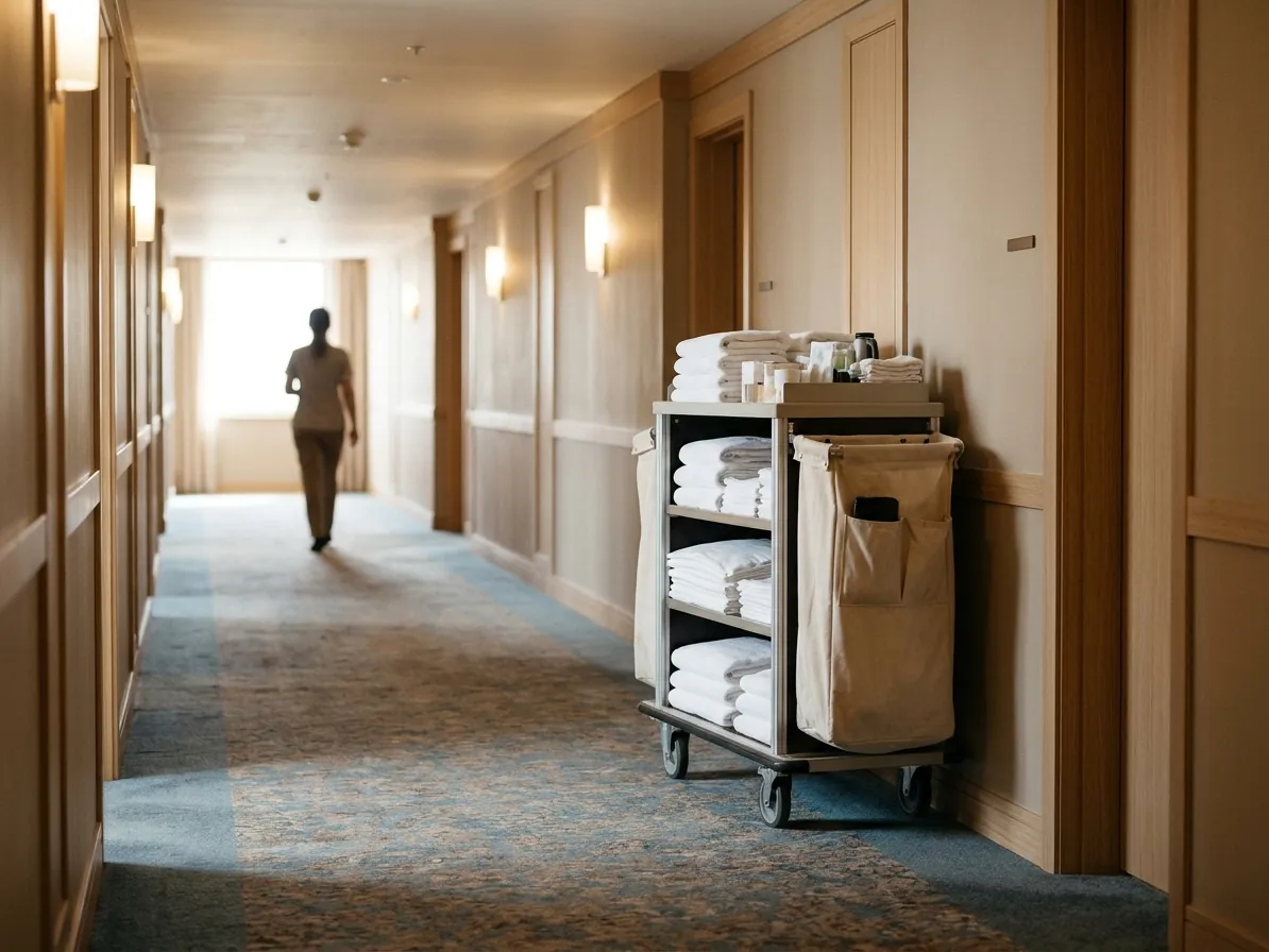 Korytarz hotelowy z wózkiem i złożonymi ręcznikami