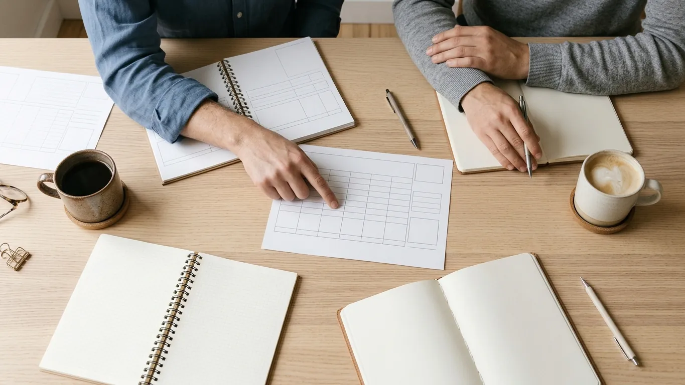 Biurko z notatnikami i dokumentami podczas rozmowy